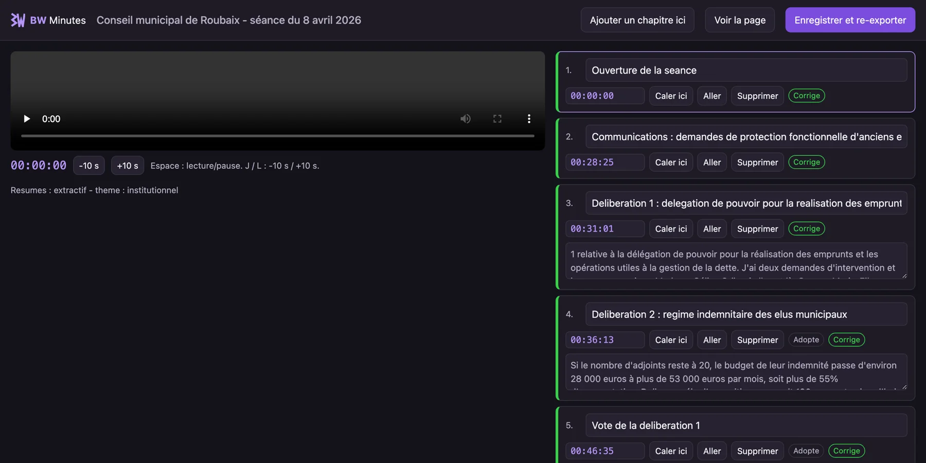 The BW Minutes review page: the meeting video on the left, the chapter list on the right, each chapter with an editable title, its timecode, a snap-to-playhead button and the item summary.