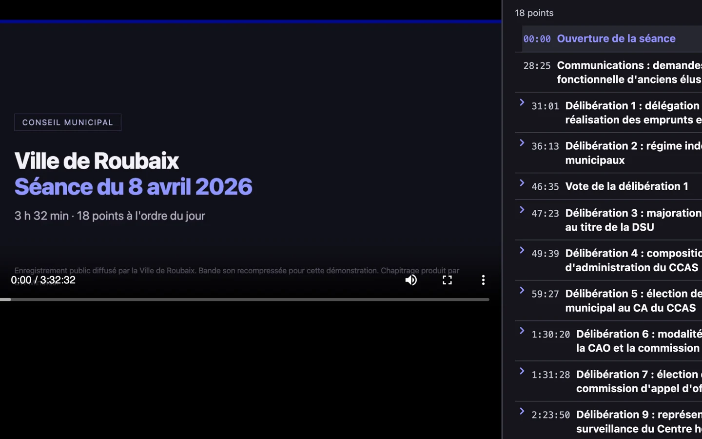 The agenda page BW Minutes produced: a 3 h 32 recording of the Roubaix council on the left, and beside it the timecoded list of its 18 deliberations, each line jumping to that moment.