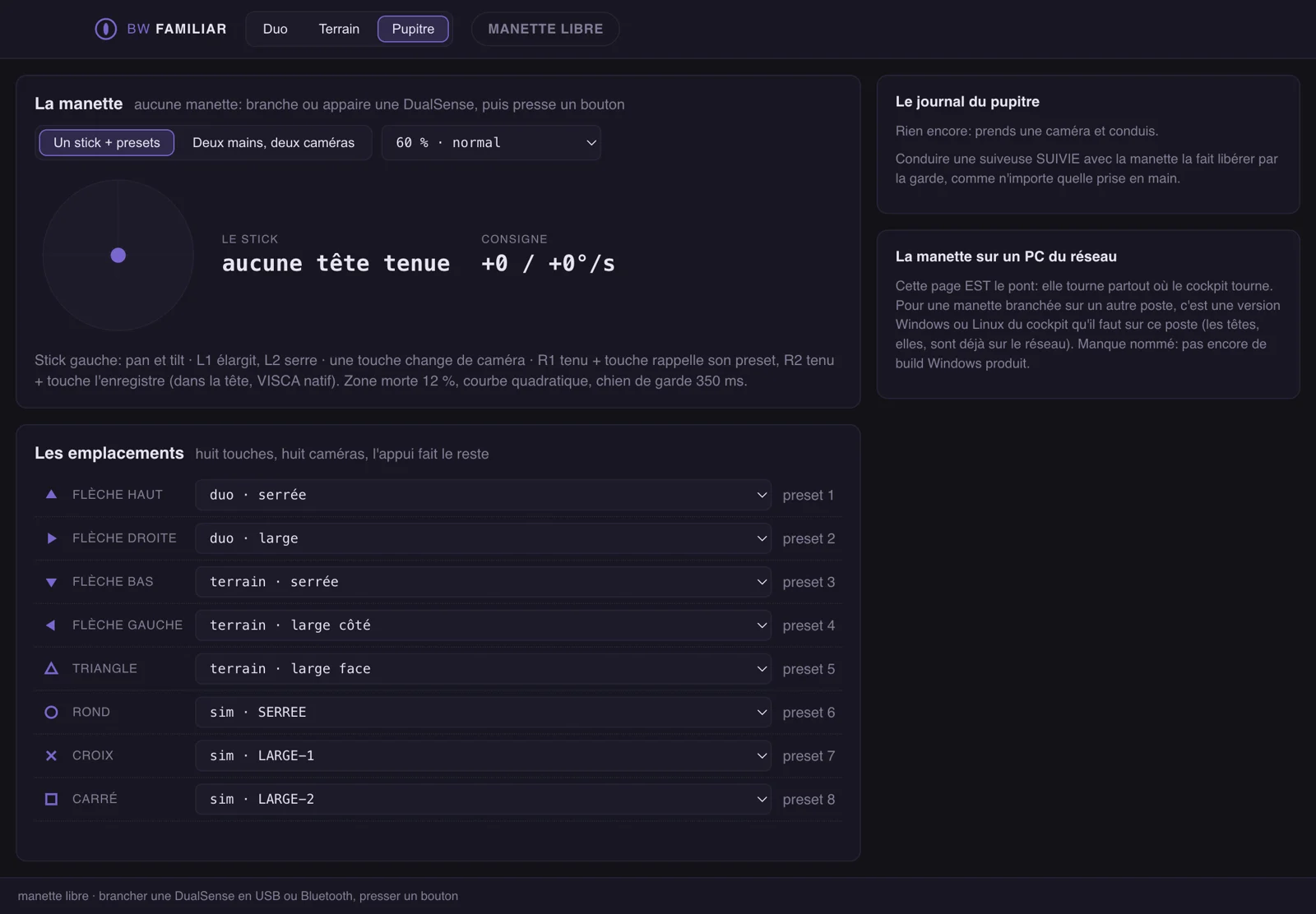 The panel tab in BW Familiar: the controller mode and its speed, a live view of the stick, and the eight button slots each assigned to a camera and a preset.